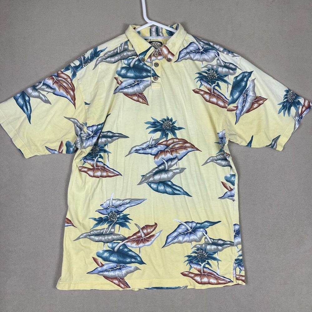 Tommy Bahama Mens L Short Sleeve Polo Shirt Yellow 100% Cotton Floral Print